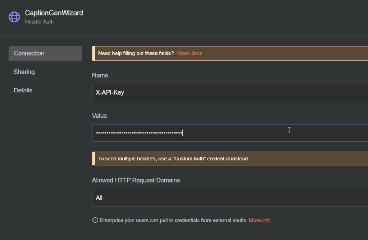 Create header auth credential and copy header name from documentation