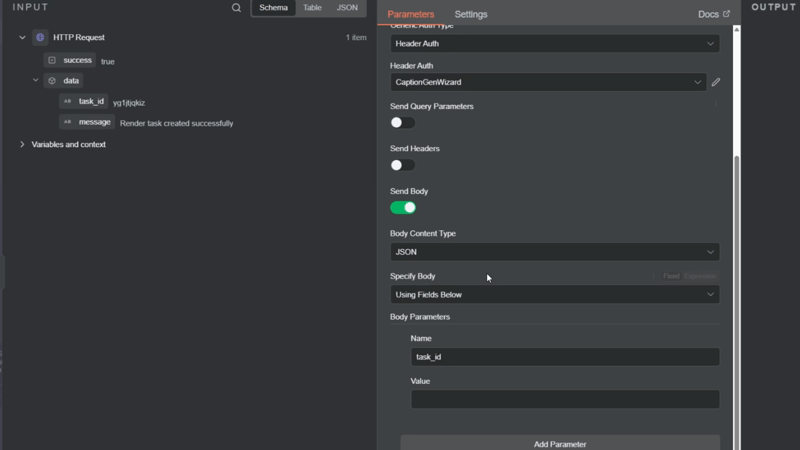 Drag task_id from previous node; status success with download URL