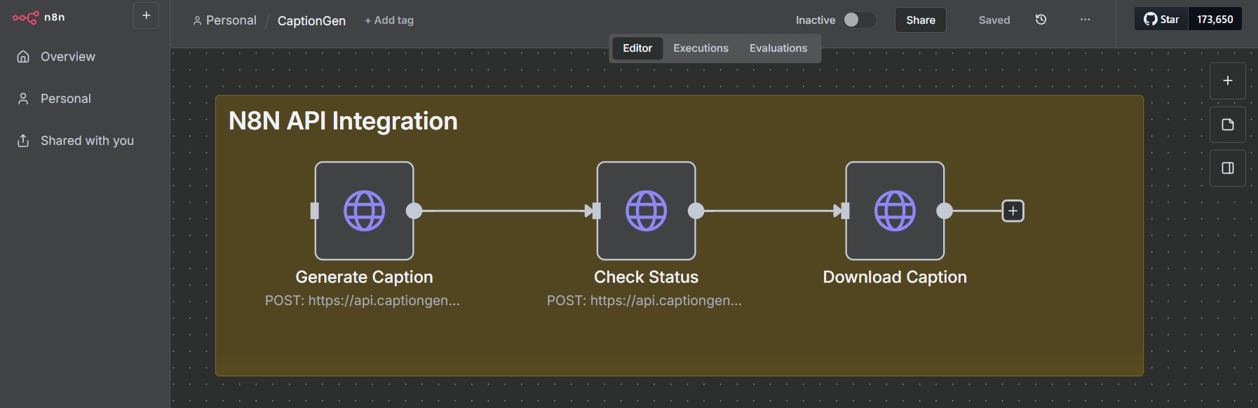 n8n workflow with CaptionGenWizard API request