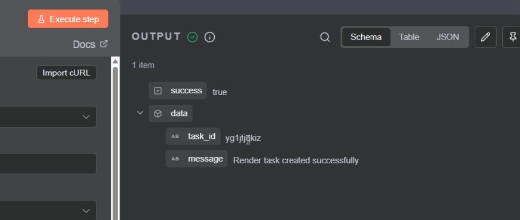 Test execution returns success message with task ID